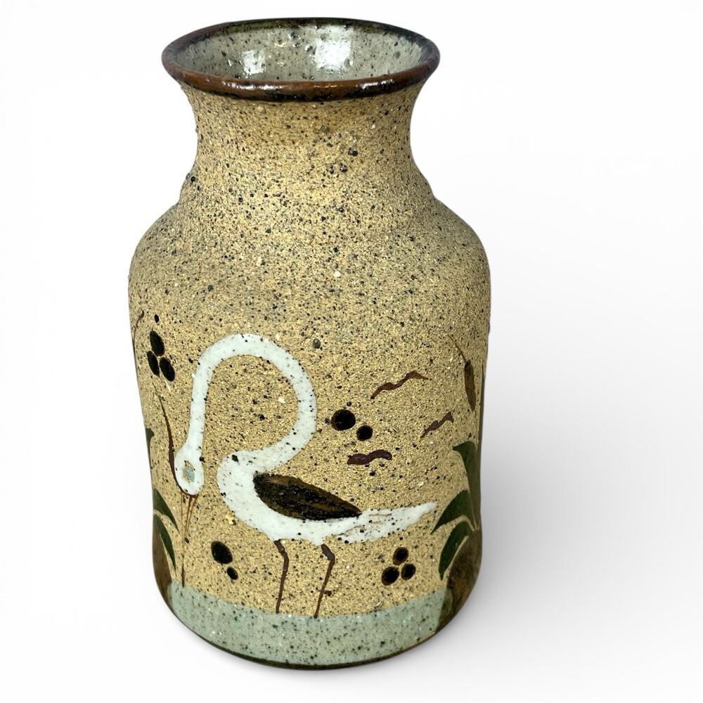Vintage Tonala Mexican Pottery Vase Bird Cattails Folk Art Sandstone MORA 6” EUC